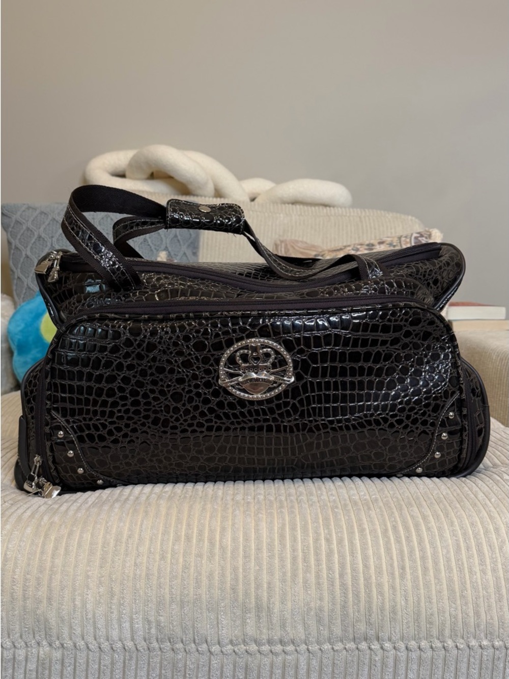 Kathy Van Zeeland Early 2000s Croc-Embossed Rolling Duffle (Dark Brown)
